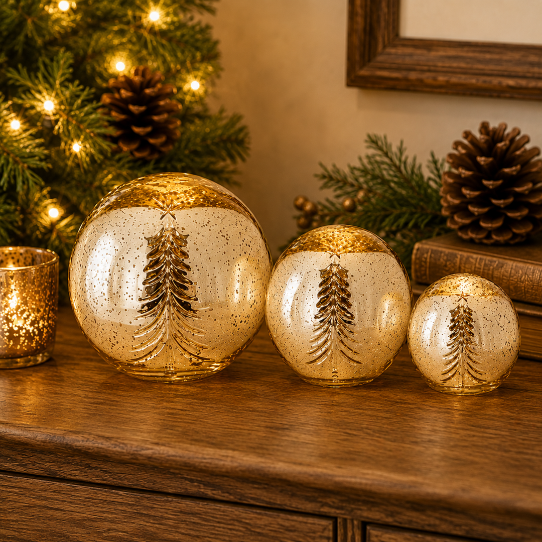 Three decorative glass globes in different sizes with a gold speckled rim and a raised gold Christmas tree design, displayed on a wooden surface with holiday decor in the background.