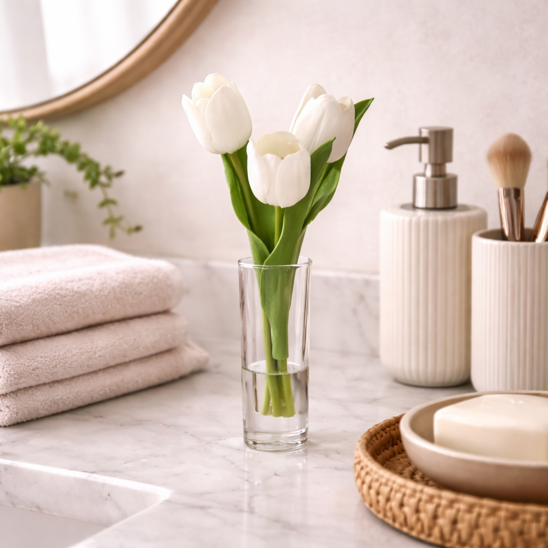 White Tulip Illusion Bud Vase on neutral bathroom vanity