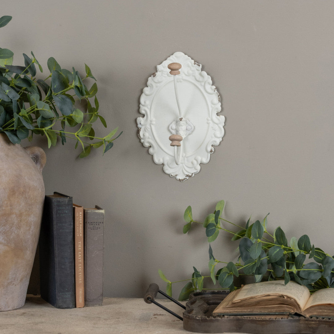 Decorative wall hook on a neutral wall with books and plants below.