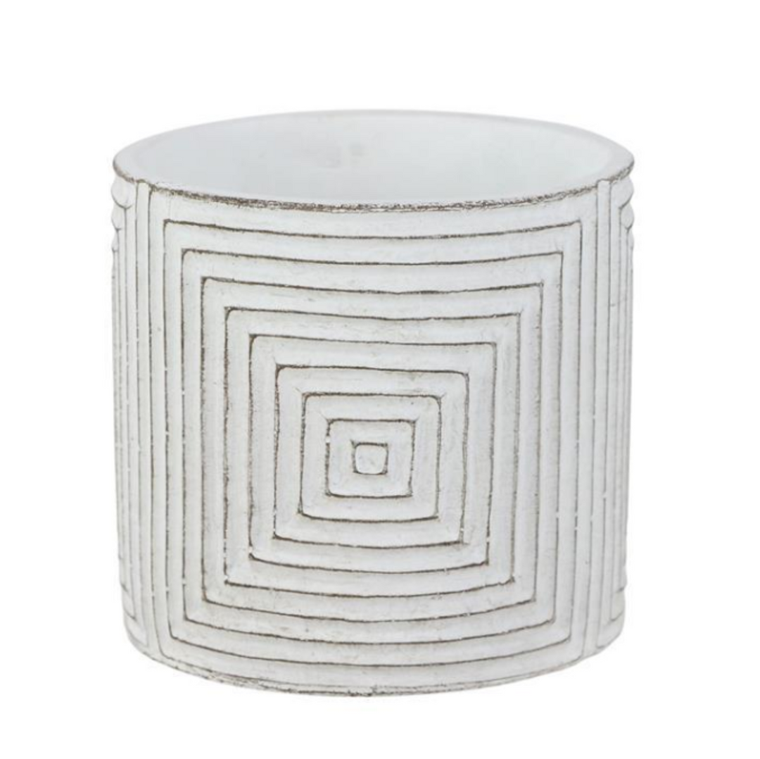 Decorative white cylindrical container with square patterns on a white background