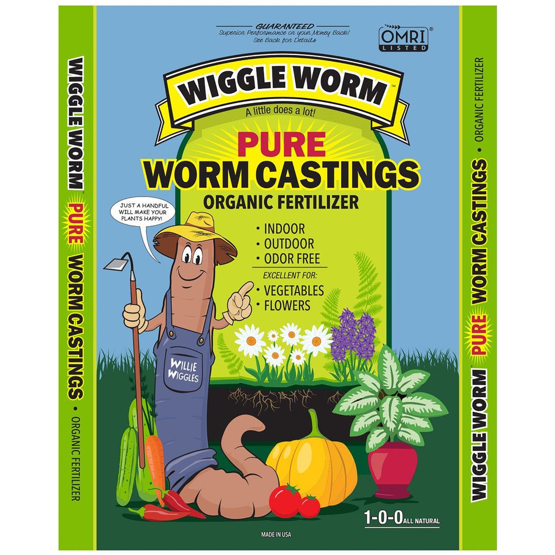 Wiggle Worm Pure Worm Castings organic fertilizer packaging with cartoon worm and farmer character.