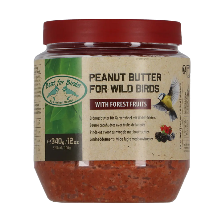 Jar of peanut butter for wild birds with a red lid on a white background