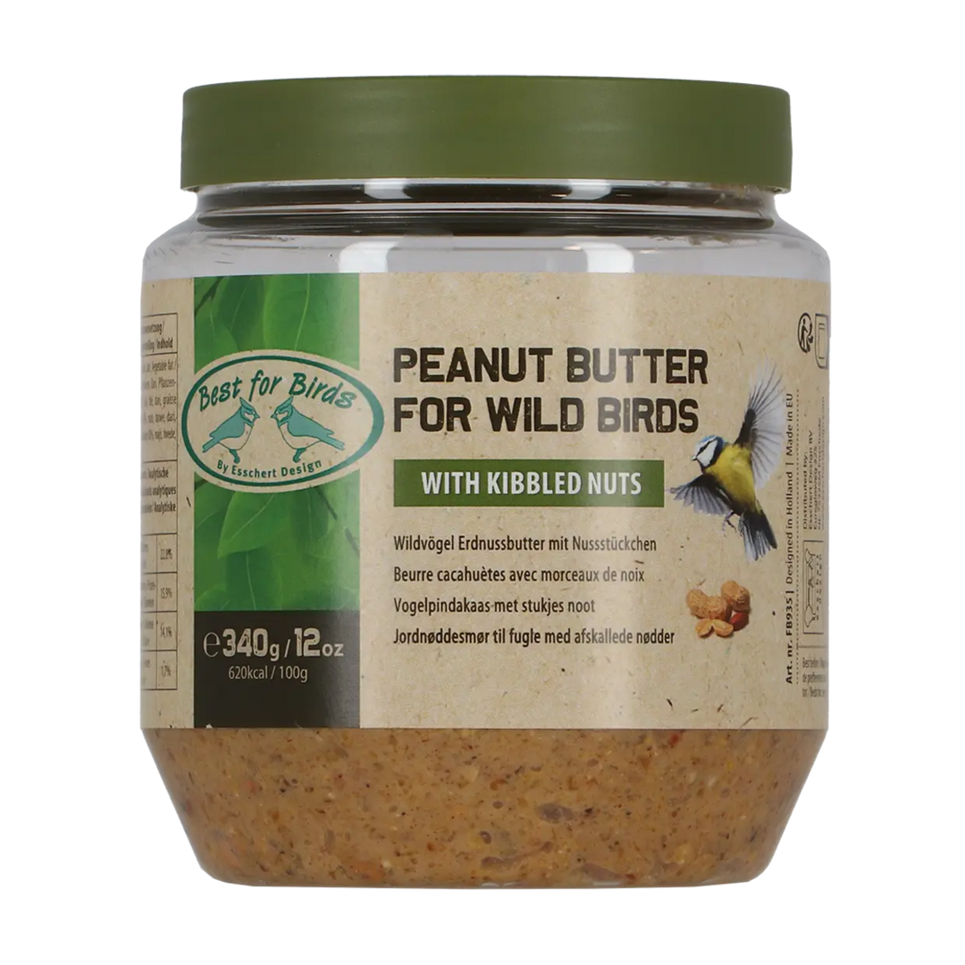 Jar of peanut butter for wild birds with a green lid on a white background