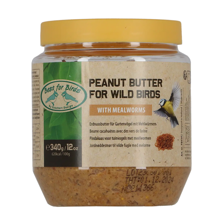 Jar of peanut butter for wild birds with a yellow lid on a white background
