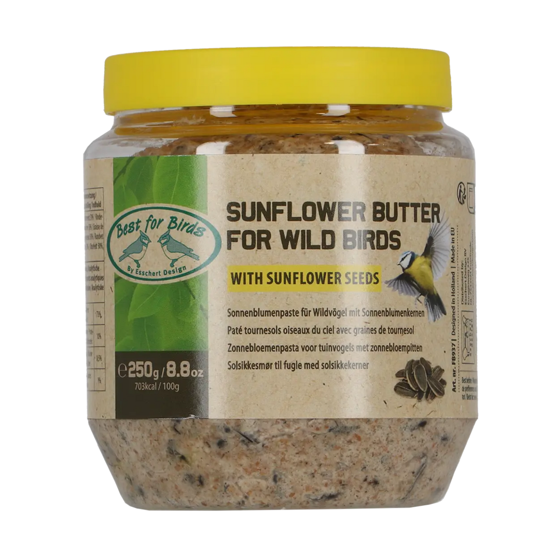 Jar of sunflower butter for wild birds with a yellow lid on a white background