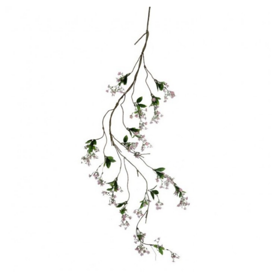 Artificial floral branch with green leaves and small pink flowers on a white background