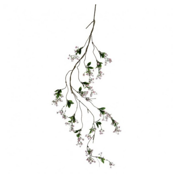Artificial floral branch with green leaves and small pink flowers on a white background