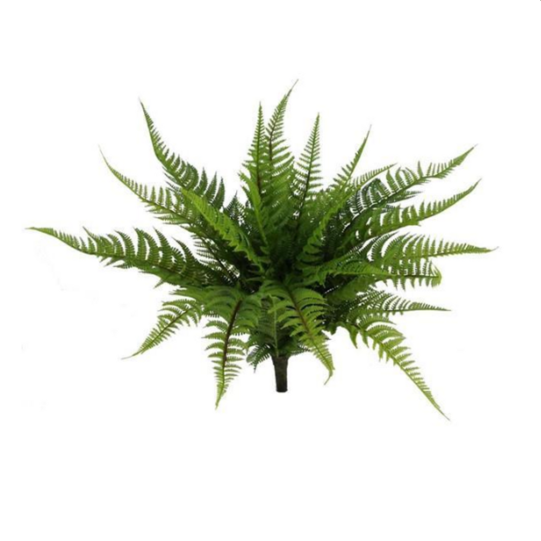Artificial fern plant on a white background with product details.