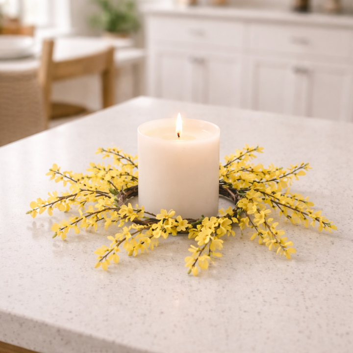 Candle with yellow floral arrangement on a white table