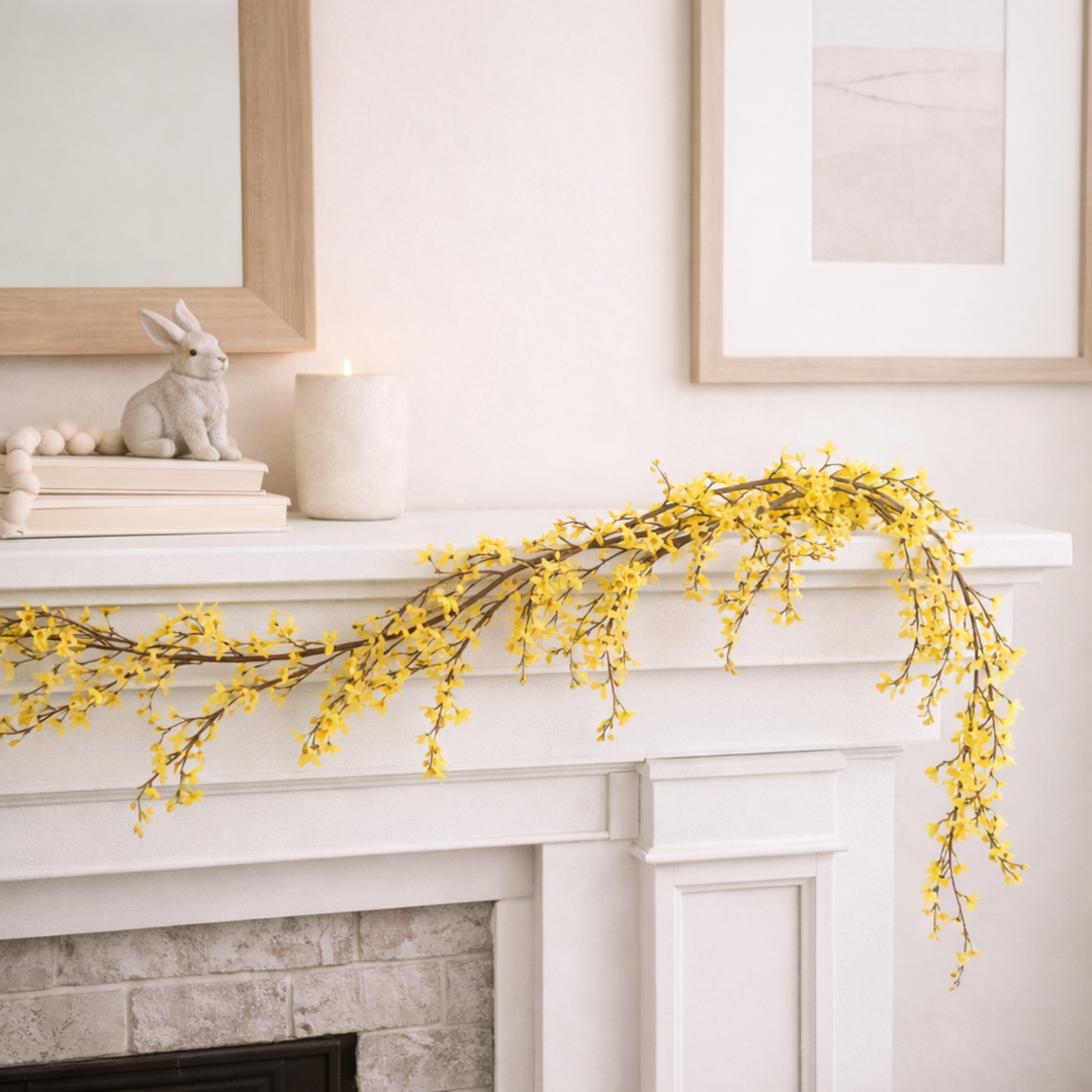 Wild Yellow Forsythia Garland on white mantle place with neutral background