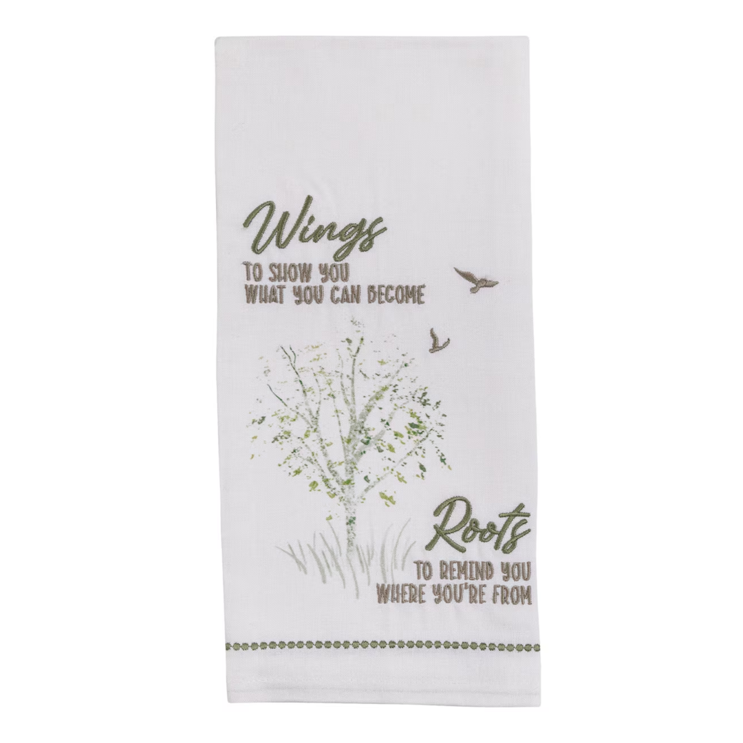 Decorative towel with motivational quote and nature-themed design on a white background