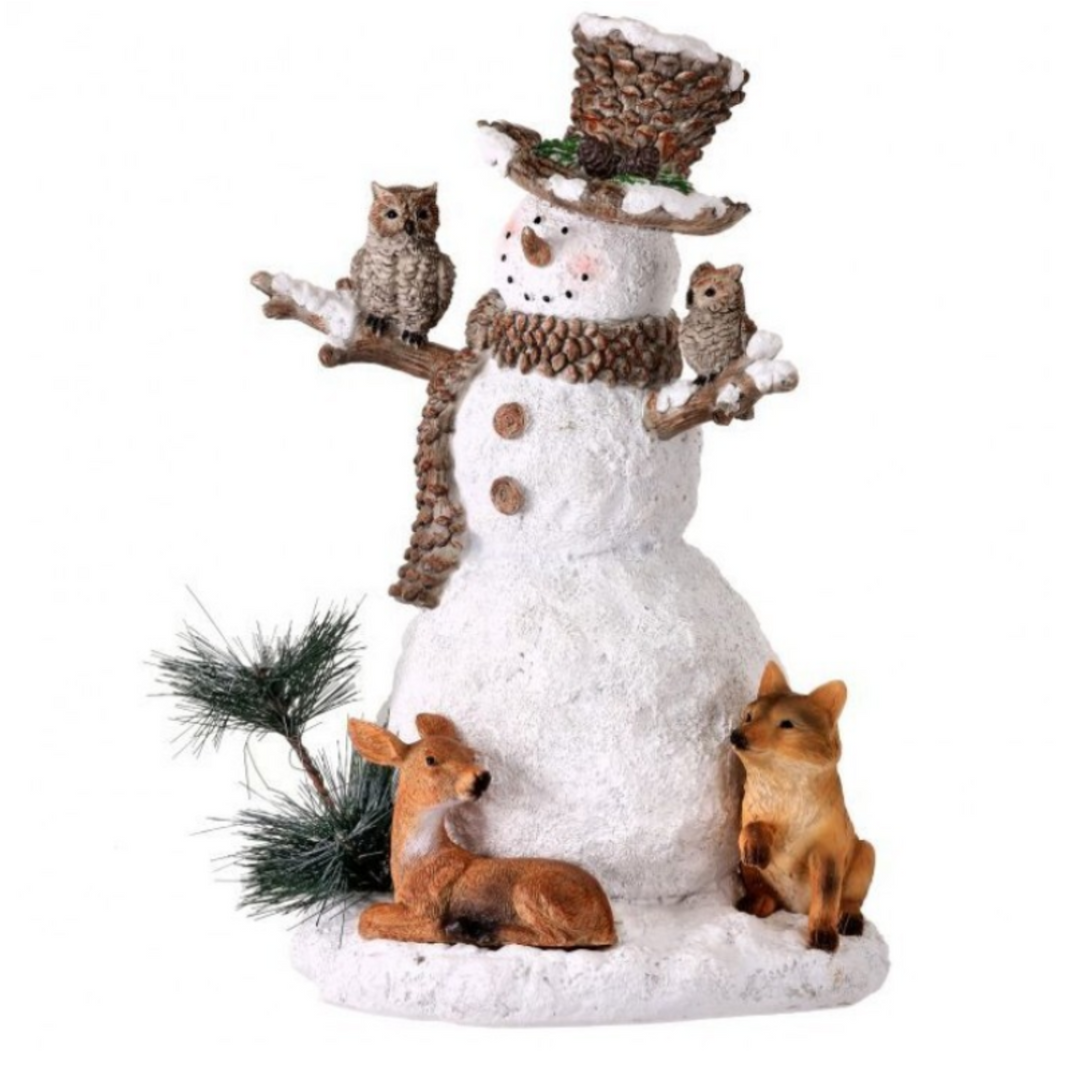 Decorative snowman figurine with animals on a white background