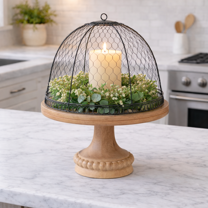 Wire Cloche & Wooden Pedestal Set