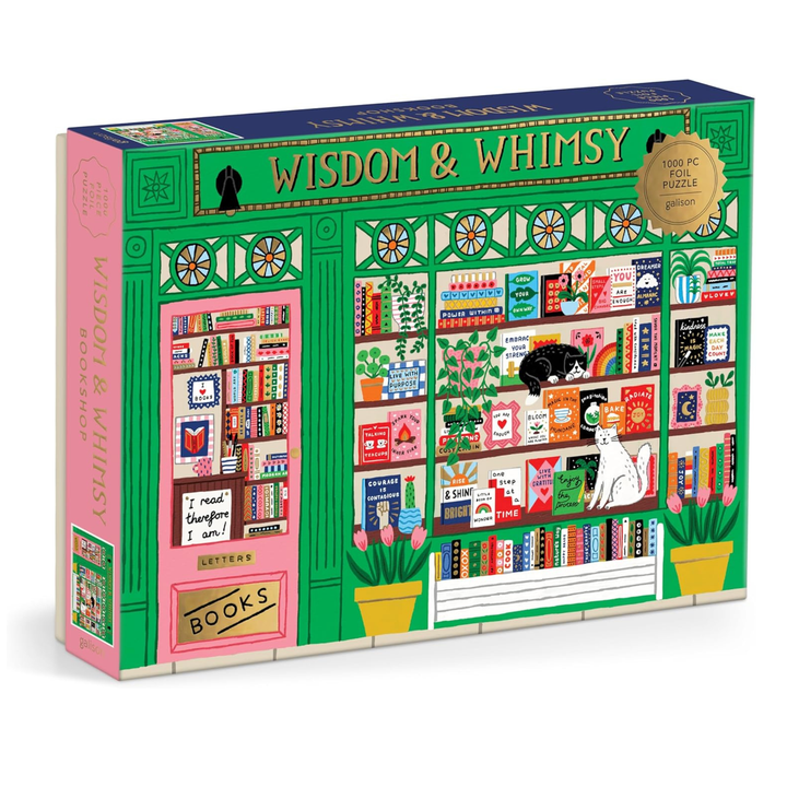 Jigsaw puzzle box with 'Wisdom & Whimsy' design featuring books and a cat.