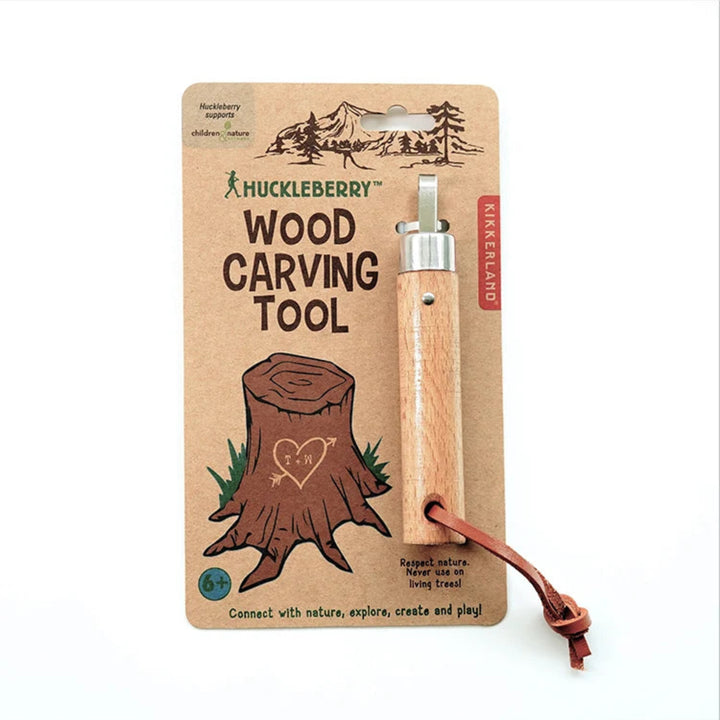 Wood carving tool with Huckleberry branding on a cardboard packaging