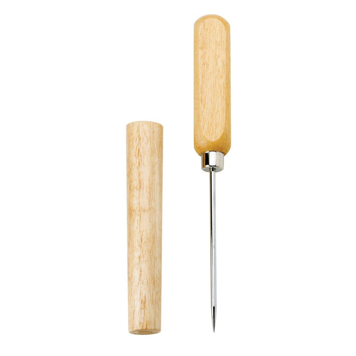 A wooden-handled pointed tool shown with its matching cylindrical wooden sleeve on a plain white background.