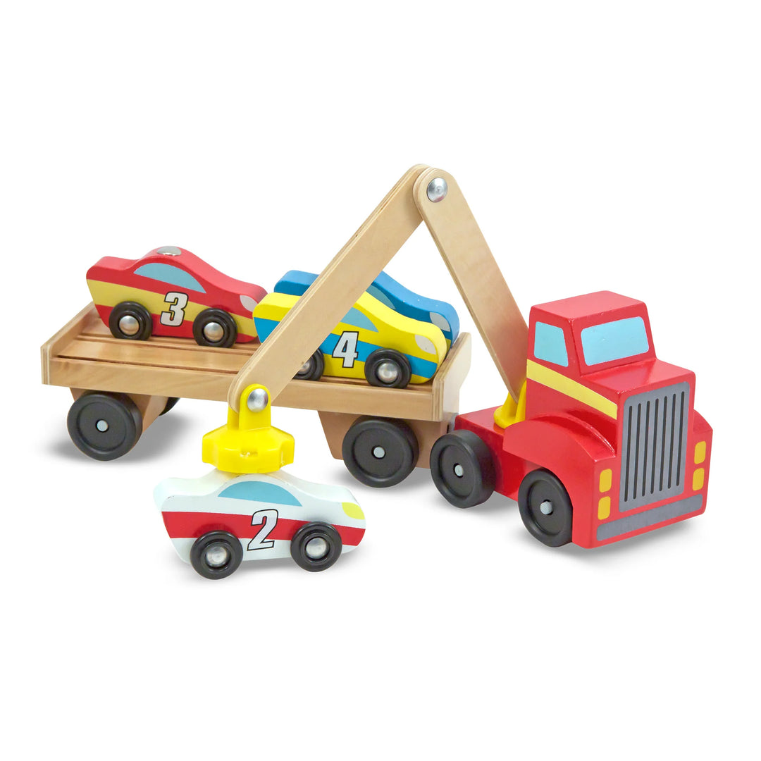 Wooden Magnetic Car Loader and small toy cars with numbers on them