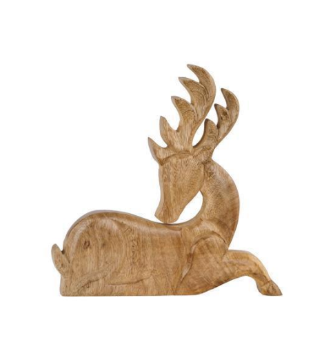 A hand-carved wooden deer figurine in a resting pose, showcasing natural wood grain and light brown tones, isolated on a white background.