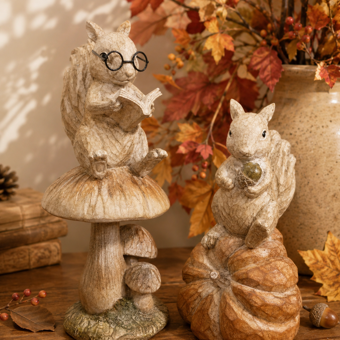 Two decorative squirrel figurines in a rustic autumn setting. One squirrel wears round glasses and sits on a mushroom reading a book, while the other holds an acorn and stands on a pumpkin.