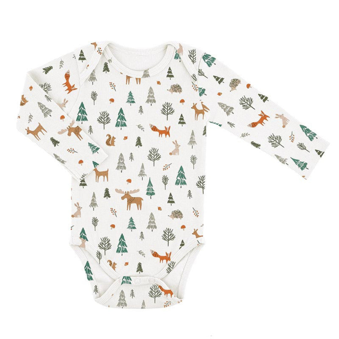 A long-sleeve baby bodysuit with an all-over woodland print featuring deer, foxes, moose, pine trees, and squirrels on an off-white background.