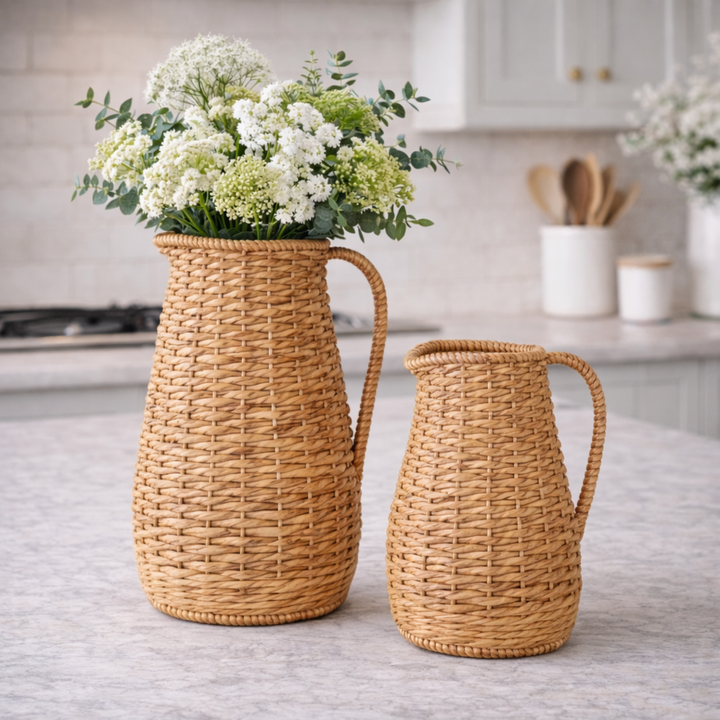 Two wicker pitchers on a kitchen counter with one containing flowers.