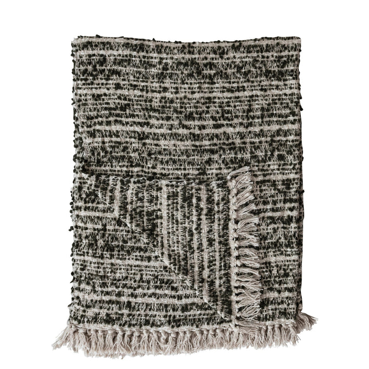 Textured throw blanket with fringes on a white background