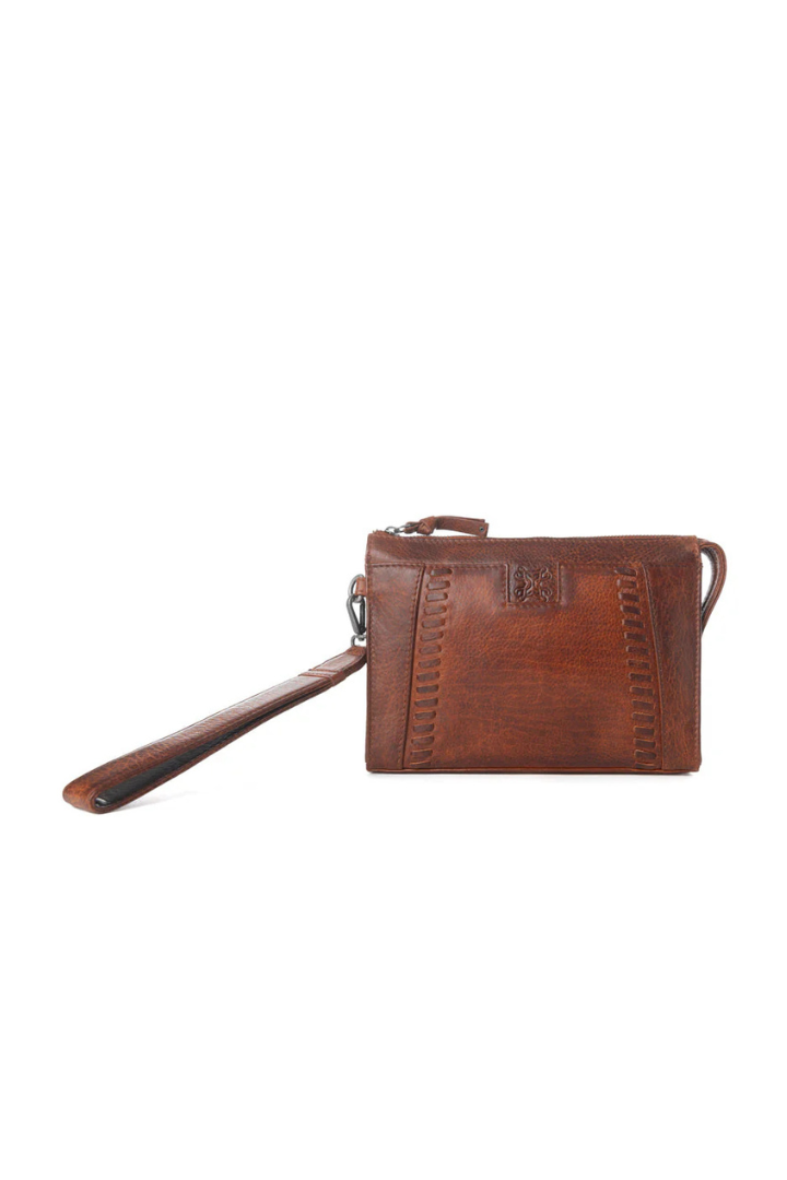 Brown leather wristlet on a white background