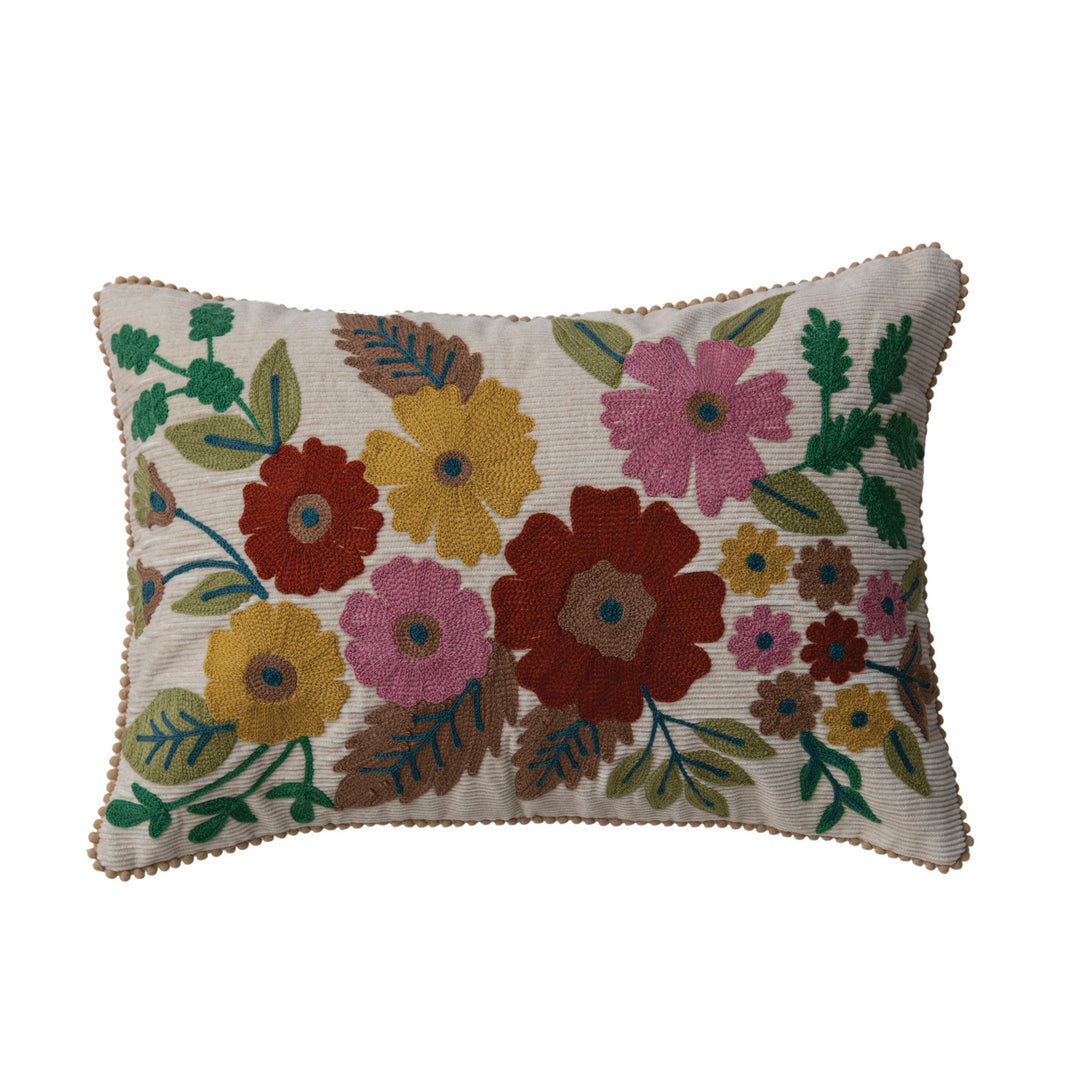 Embroidered Floral Corduroy Pom Pillow