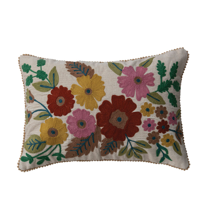 Embroidered Floral Corduroy Pom Pillow