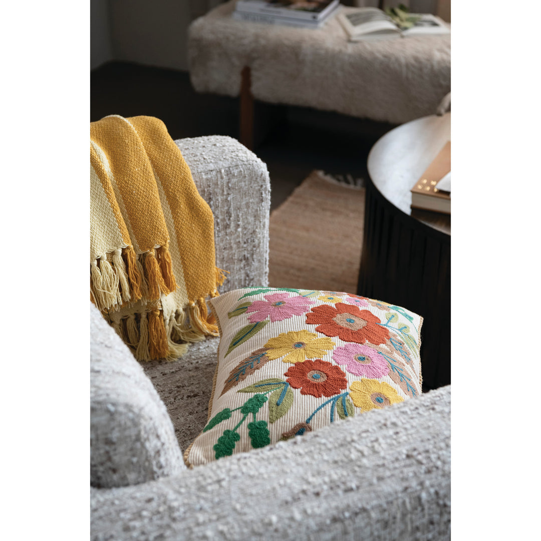 Embroidered Floral Corduroy Pom Pillow