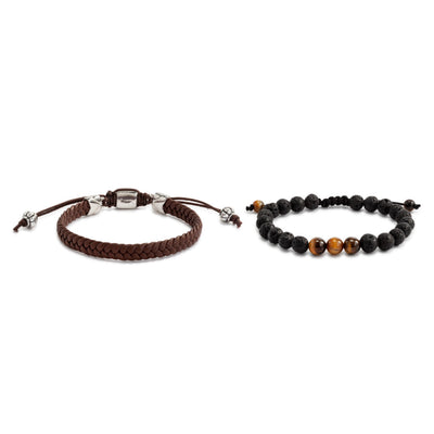 Men's Brown Leather & Stone Bracelet Set