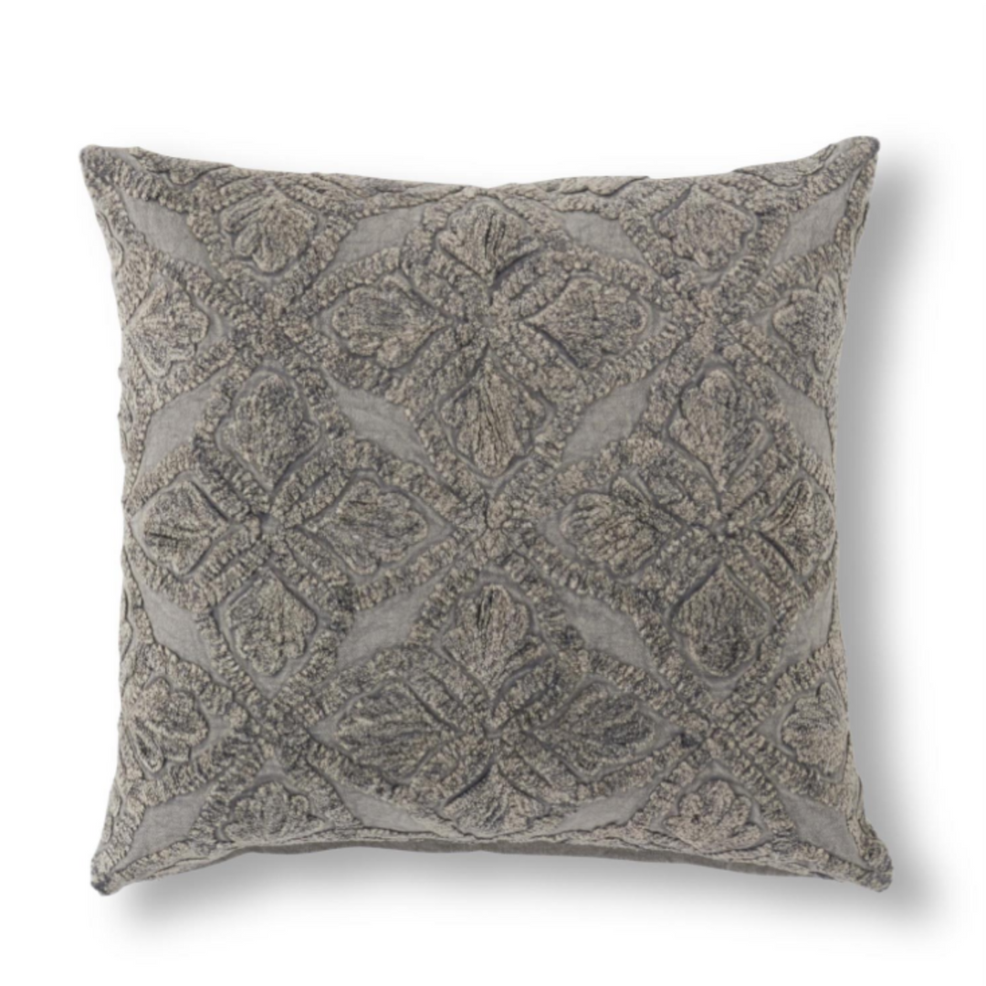 Gray Floral Embroidered Pillow