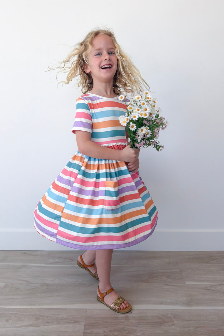 Spring Stripes Girl's Short Sleeve Pocket Twirl Dress