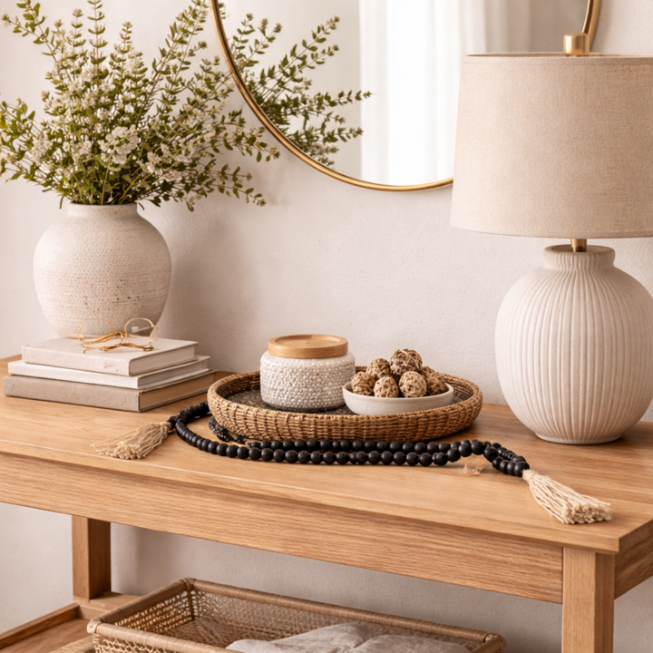Black Wood Bead Garland with Jute Tassels