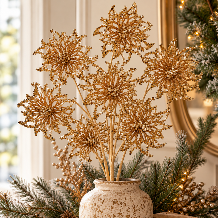 Sequin Glitter Poinsettia Spray