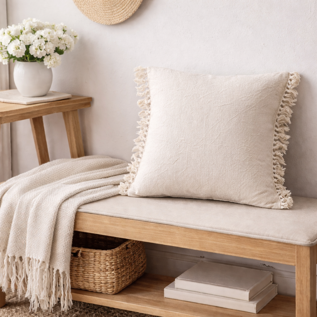 cream fringe pillow