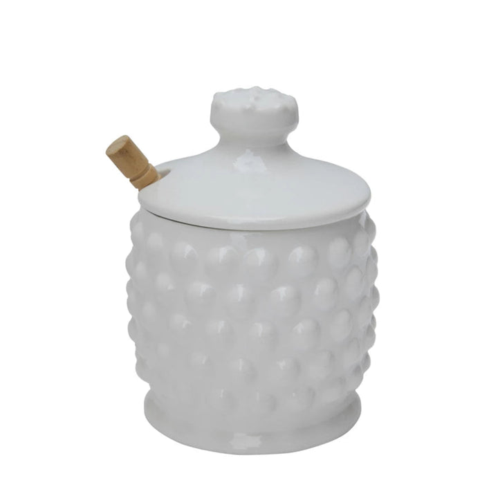 Hobnail Milk Glass Honey Jar & Dipper Set