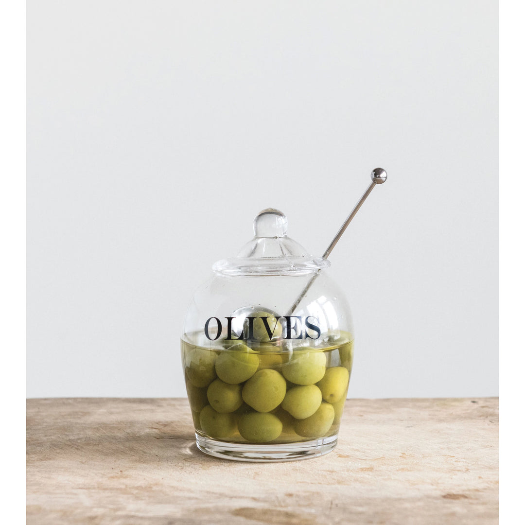 Glass Olive Jar & Slotted Spoon