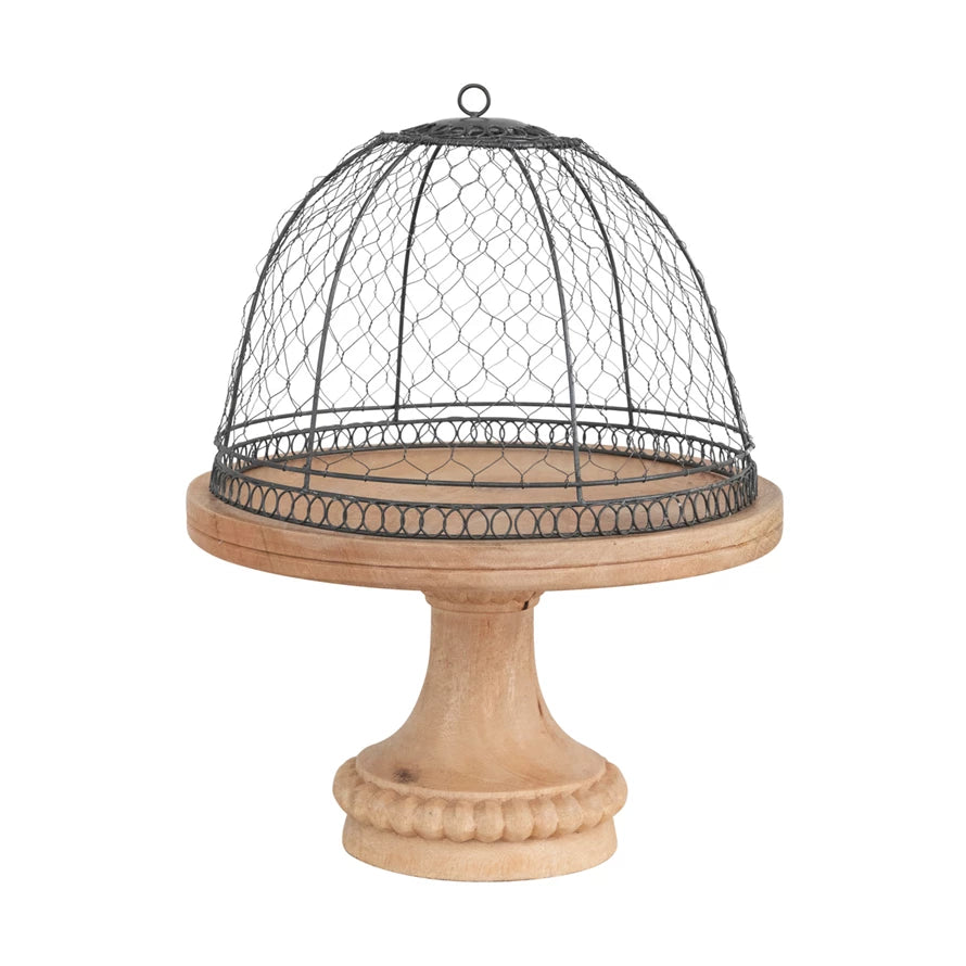 Wire Cloche & Wooden Pedestal Set