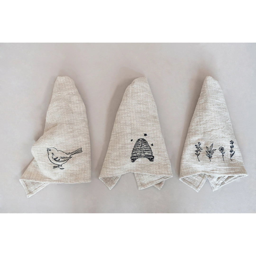 Black Embroidered Slub Dishtowel