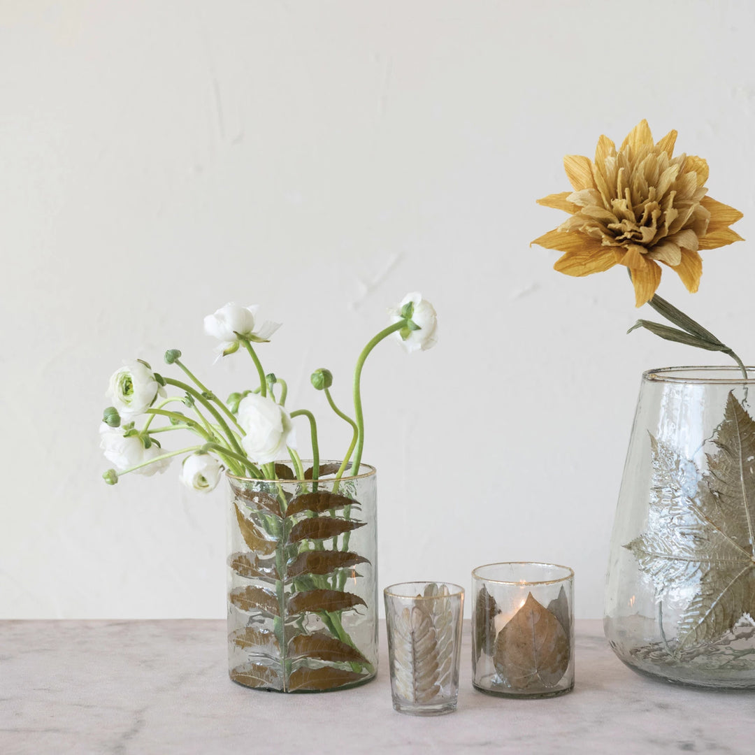 Embedded Leaves Glass Votive Holder