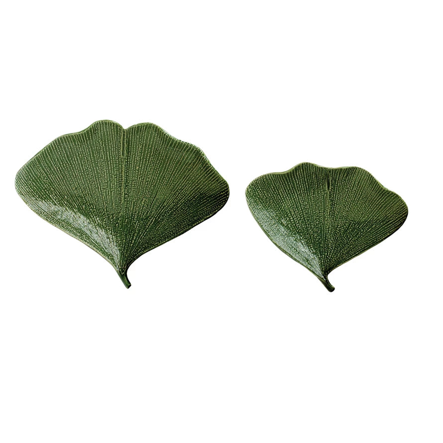 Green Ginkgo Leaf Stoneware Dish