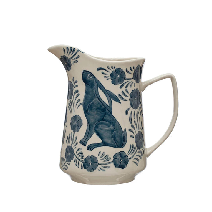 Hand Painted Rabbit & Flowers Stoneware Pitcher