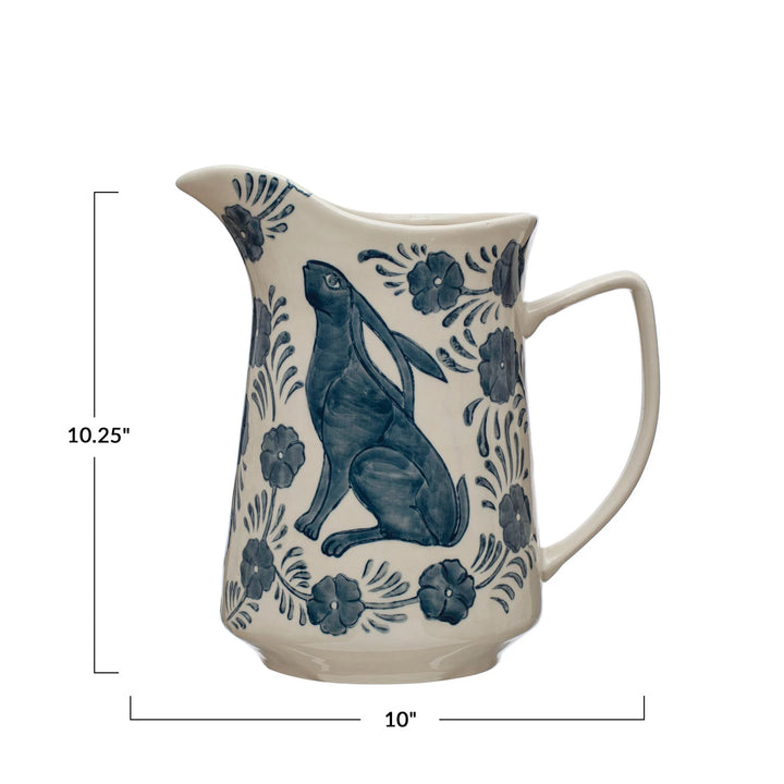 Hand Painted Rabbit & Flowers Stoneware Pitcher