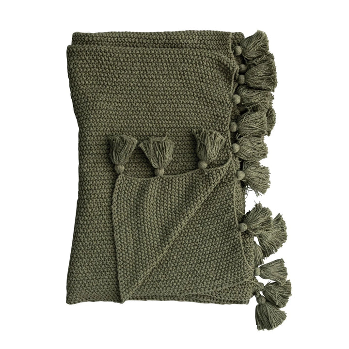 Olive Green Knitted Tassel Throw
