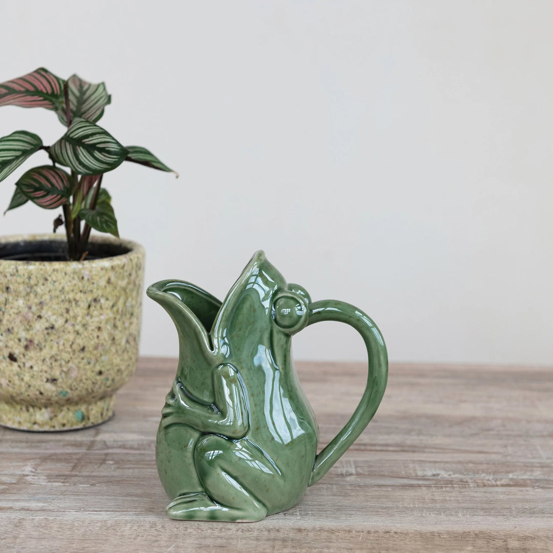 Glossy Green Stoneware Frog Pitcher