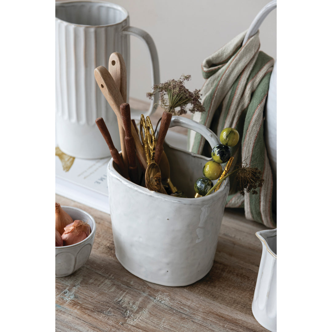 White Stoneware Handled Utensil Crock