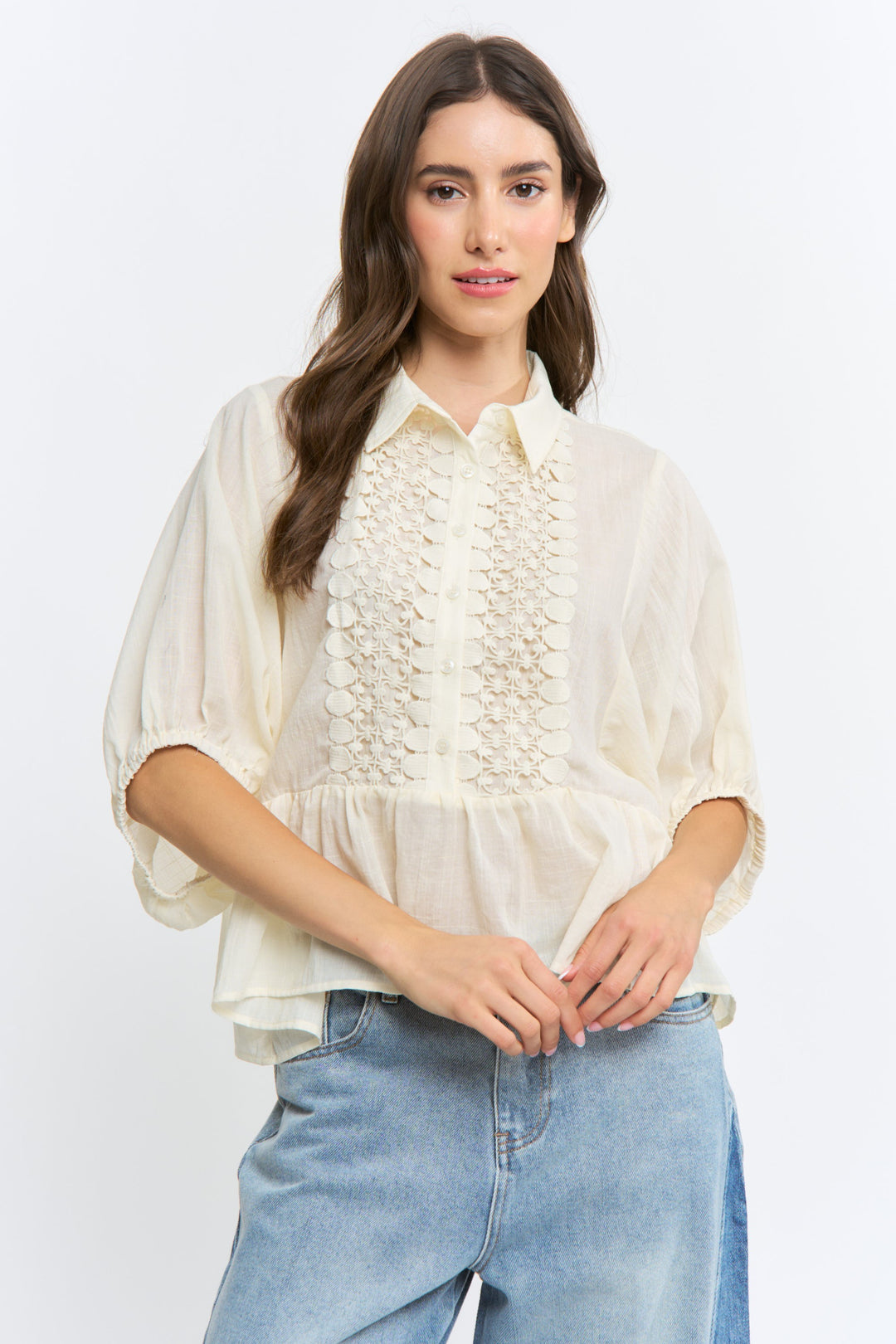 Lace Trim Button Blouse