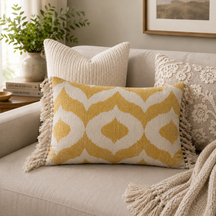 Mustard Ikat Tassel Lumbar Pillow