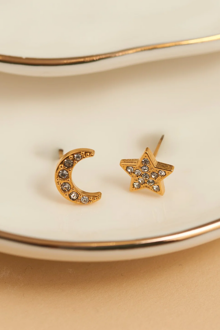 Narelle Waterproof Pave Star and Moon Stud Earrings